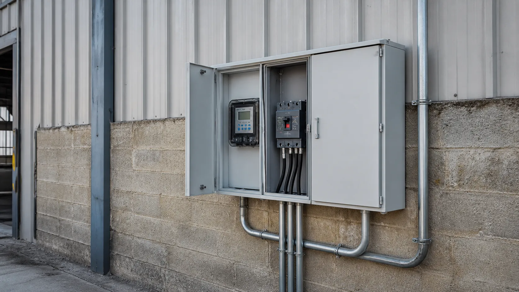 Tablero de acometida eléctrica con interruptor general de mayor capacidad y medidor trifásico en el muro de una bodega