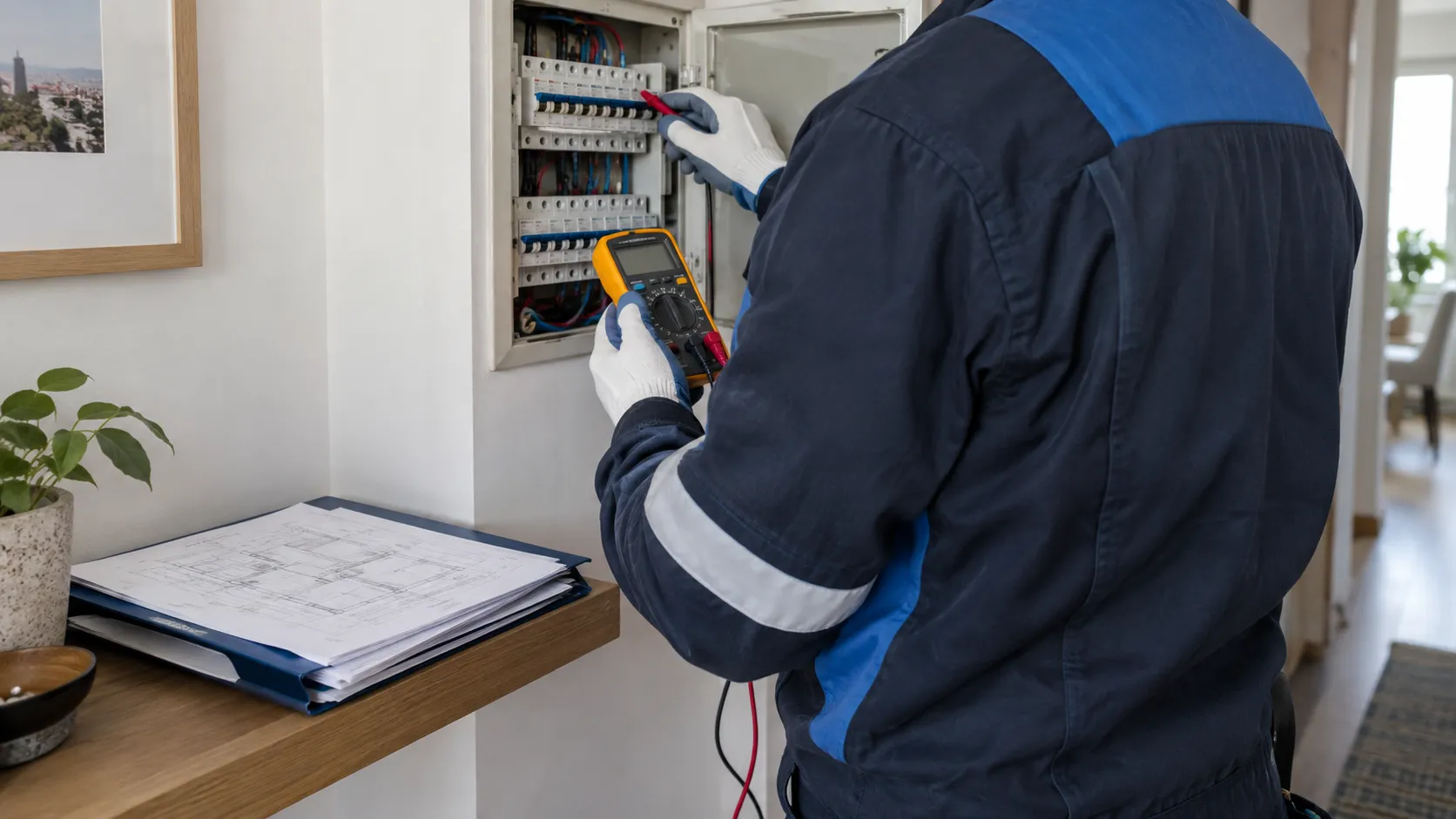 Electricista revisando un tablero eléctrico domiciliario abierto mientras sostiene una carpeta con los documentos de la instalación