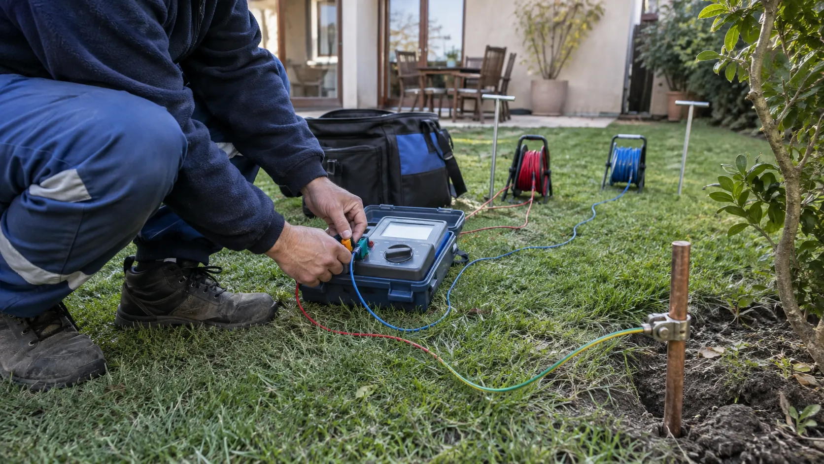 Técnico midiendo la resistencia de puesta a tierra con un telurómetro en el patio de una casa, con la barra de cobre y su conductor verde y amarillo