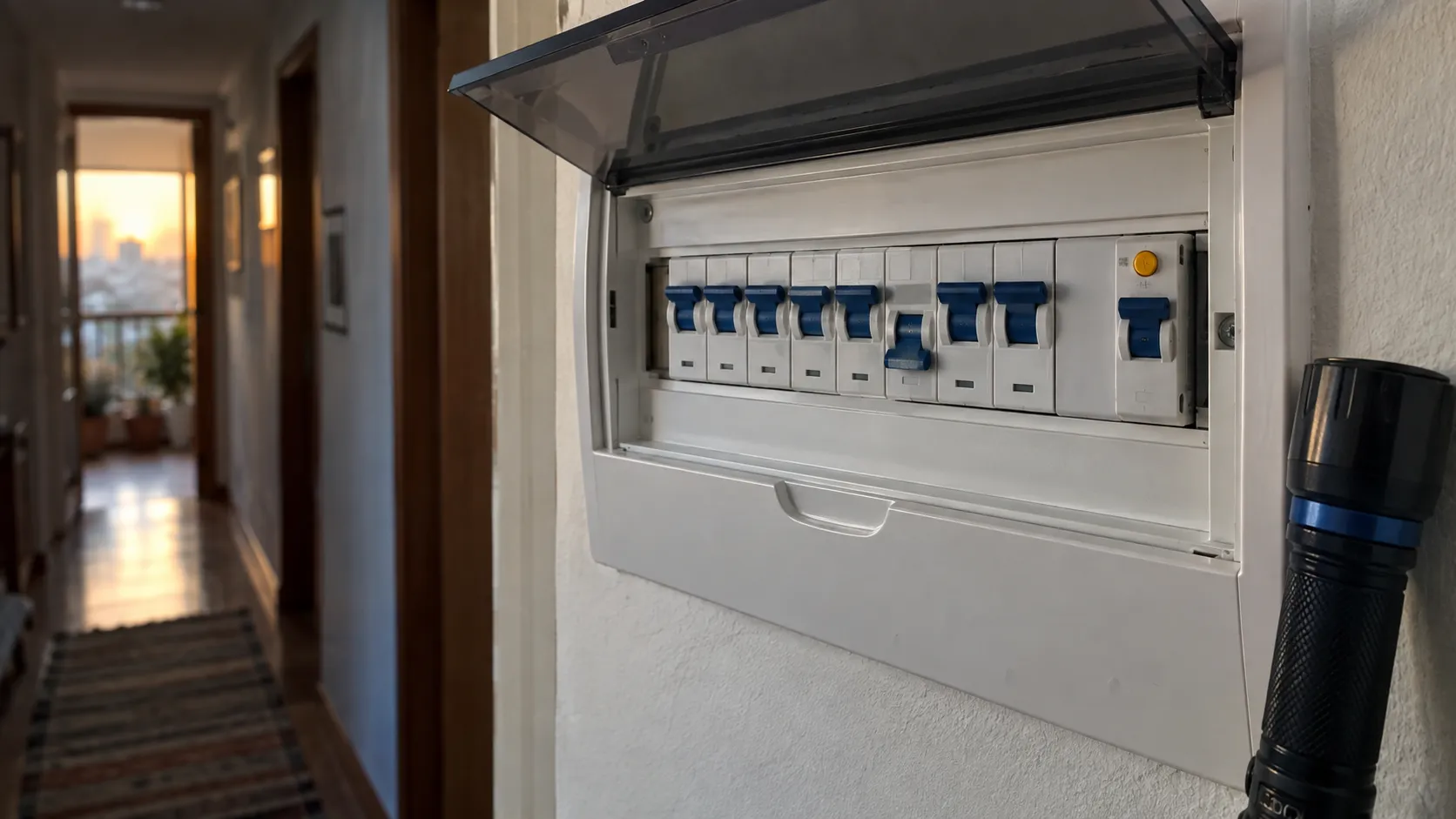Tablero eléctrico de una casa con un interruptor automático bajado entre los demás y el diferencial al costado, con una linterna apoyada al lado